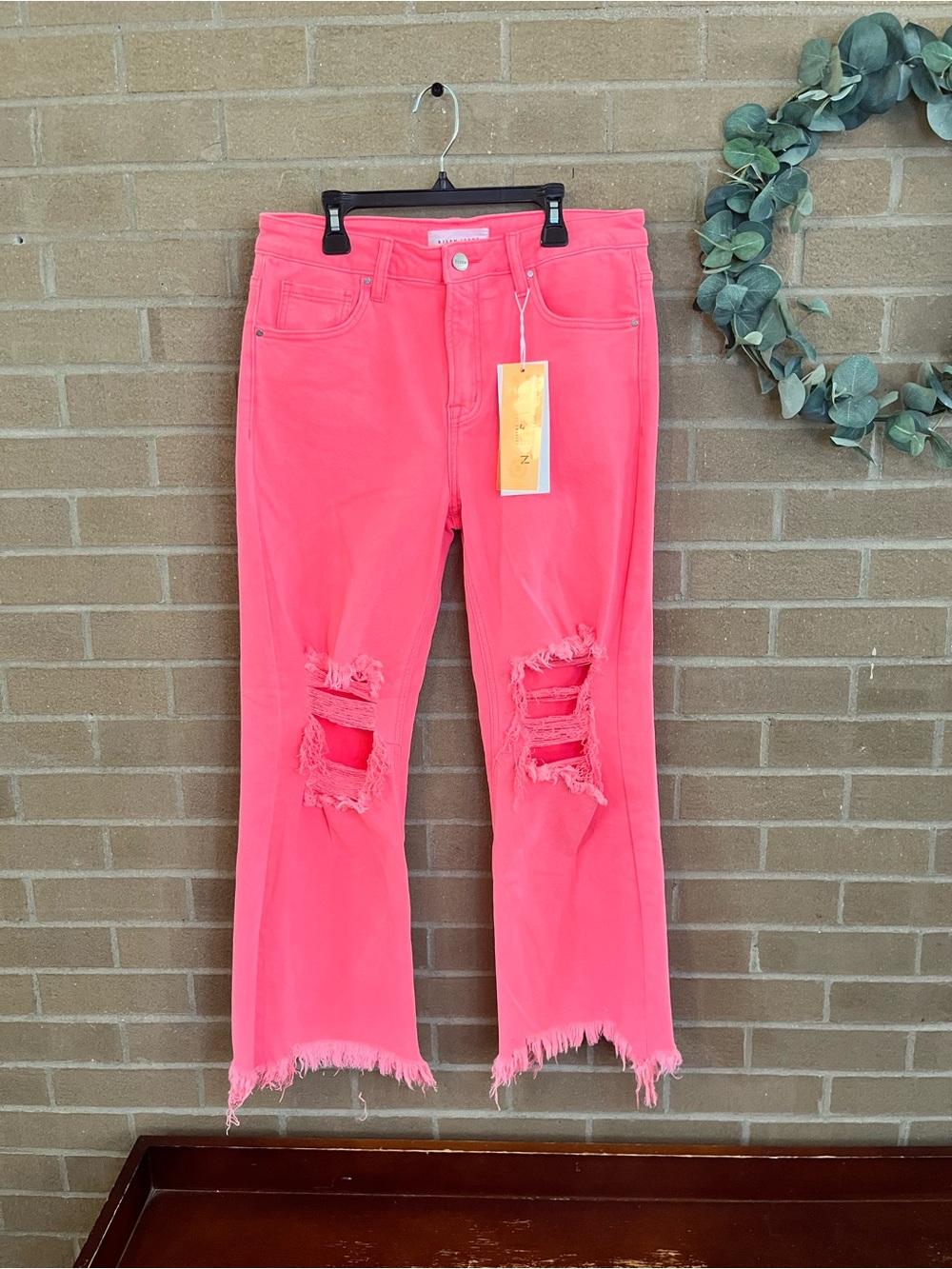 Neon Pink Distressed Cropped Women's Jeans